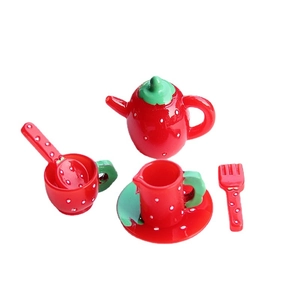 Miniature red strawberry tea set with teapot, cup, and spoon for BJD dollhouse decoration