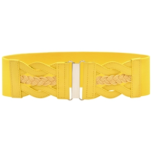 Yellow elastic wide belt with woven faux leather front and silver metal interlocking buckle