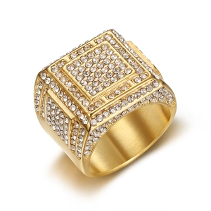 Luxurious hip hop gold plated square ring for men featuring full pavé iced out crystals