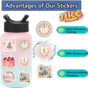 Features of pink retro stickers including high definition printing and waterproof material