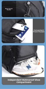 Detailed sports backpack layout with a top buckle, front pocket, and bottom shoe storage