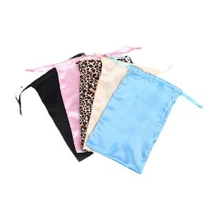 Five-pack of satin heatless hair curler storage bags in assorted colors and leopard print