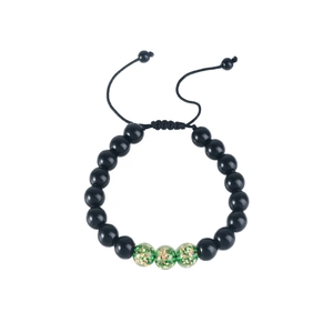Detail of adjustable braided bracelet featuring black beads and luminous glass accents