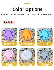 Collapsible silicone cups in six colors with lanyards shown in folded and open states