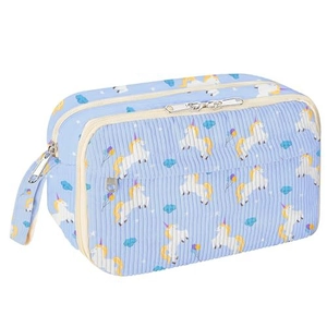 Detail of blue corduroy pencil case showing double zippers and unicorn pattern print
