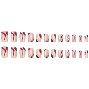 Faux ongles style français avec lignes abstraites tons rose et rouge foncé