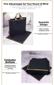 Detail of expandable folded bottom on black and gold frosted plastic shopping bag