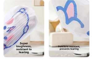 Thick drawstring trash bags with cartoon prints showing high tensile strength and puncture resistance