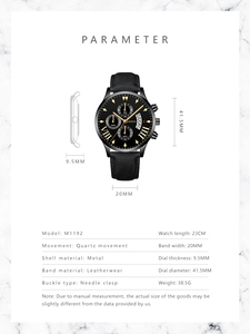 Detailed specs of the Geneva men's black leather watch with golden Roman numeral dial