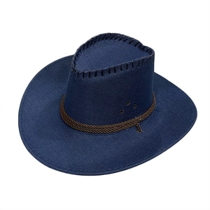 Detail of navy blue linen cowboy hat showing woven rope trim and rustic stitching