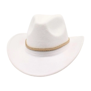 Elegant white western cowboy felt hat with wide brim and gold braided decorative band