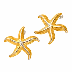 Minimalist two-tone starfish stud earrings in polished gold and silver stainless steel
