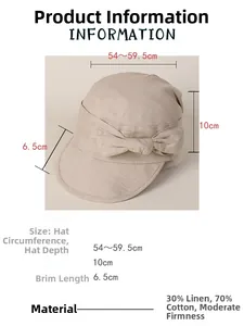 Detailed size chart for cotton linen sun hat with dimensions and material composition