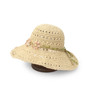 Women Straw Hat Paper Crochet Wide Brim Sun Protection Beach Summer Flower Decor Hollow Breathable