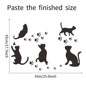 Finished size layout of black cat and paw print wall stickers measuring 65x45cm