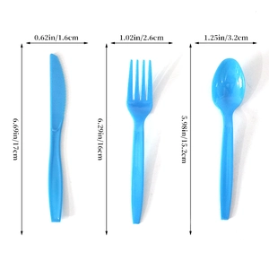 Detailed size specifications for blue plastic knife, fork and spoon party cutlery set