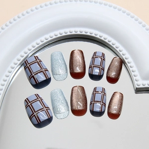 Blue and brown plaid cat eye press-on nails with glitter finish in square-oval shape