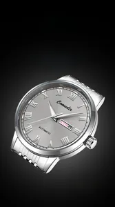 Macro detail of automatic mechanical watch with dual calendar and Roman numerals