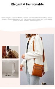 Detail of caramel leather crossbody bag with multi-zipper pockets and stylish tassel