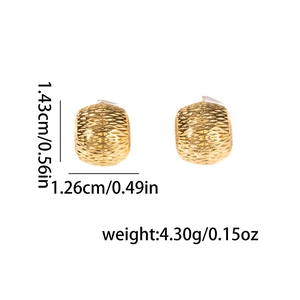 Macro detail of gold titanium earrings showing woven texture and precise dimensions