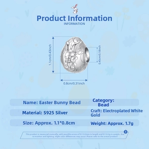Spécifications du charm lapin de Pâques en argent S925 avec plaquage or blanc et dimensions