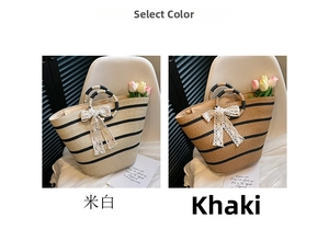 Detail of woven straw tote bags with lace bows and round handles in cream and khaki