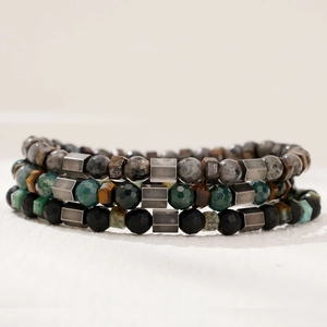 Three-piece men's natural stone beaded bracelet set with grey Jasper and Tiger Eye