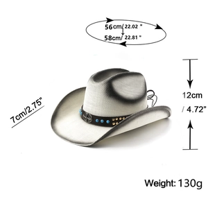 Détail du chapeau de cowboy avec perles turquoise, boucle argentée et étiquette de 130g