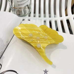 Ginkgo leaf yellow acetate hair claw clip with white bead embellishments for women