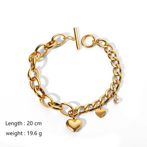 18k gold plated stainless steel chunky chain bracelet with heart charms and OT toggle clasp