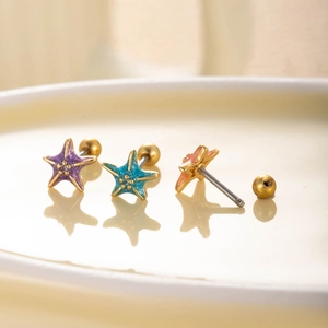 Starfish titanium steel screw back stud earrings in colorful blue pink and purple