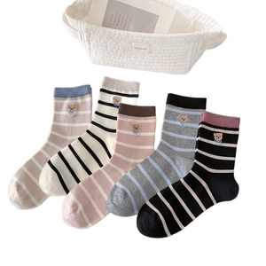 Lot de 5 paires de chaussettes mi-mollet avec broderie ours et motifs à rayures chic