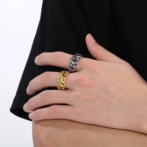 Men's wide X-shaped hollow rings in gold and silver finish with industrial style
