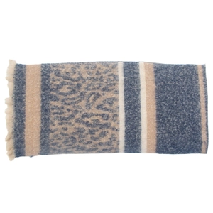 Macro detail of blue and beige leopard jacquard scarf with striped pattern and fringe trim
