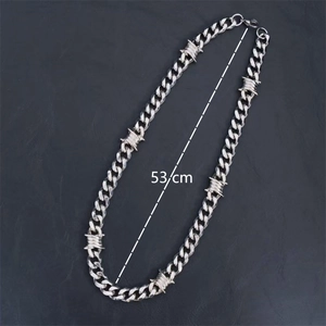 53 cm silver barbed wire thorn chain necklace with heavy cuban link and punk style