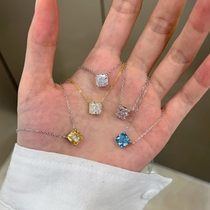 Square Ice Flower Cut Cubic Zirconia Necklace 925 Sterling Silver Minimalist Pendant Light Luxury Elegant Jewelry For Women