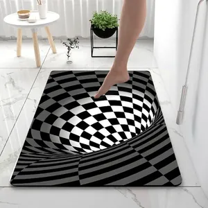 Detail shot of 3D optical illusion checkered bath mat with black and white vortex pattern