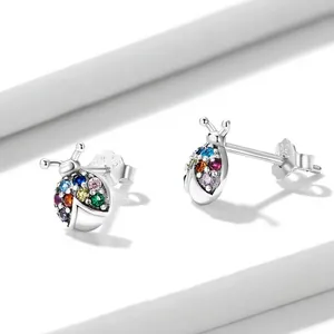 Exquisite S925 sterling silver beetle stud earrings with colorful multi-gemstone inlay