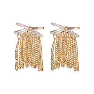 Elegant gold tassel chain earrings with shimmering zircon stones on a clean white background