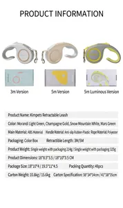 Detailed specifications table and color options for the retractable pet leash