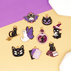Halloween Black Cat Enamel Alloy Charms DIY Jewelry Making Witchy Magic Potion Tarot Wizard Pendants Novelty