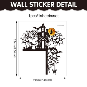 Halloween wall sticker featuring haunted house, ghosts and yellow moon, 19x22cm dimensions