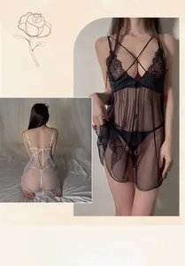 Detail showing sheer perspective mesh and lace patchwork on sexy V-neck nightgown