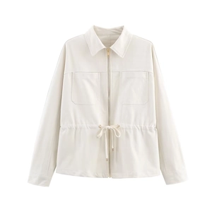 White utility jacket with drawstring waist and cargo pockets in a flat lay view