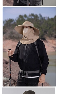 Outdoor sun hat detail showing breathable mesh holes and detachable khaki face mask covers