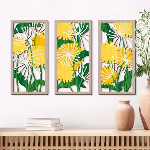 Décoration murale en bois en trois parties avec pissenlit évidé pour un salon chaleureux