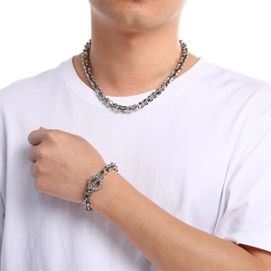 Men's silver curved bamboo link chain necklace and bracelet set with OT toggle clasp