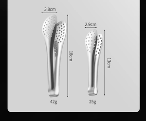 Size comparison of two stainless steel food tongs with length and weight measurements