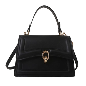 Classic black leather handbag with a gold interlocking buckle and adjustable strap