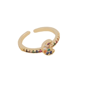 Gold open moon ring with colorful cubic zirconia stones in red, blue, and green crystals